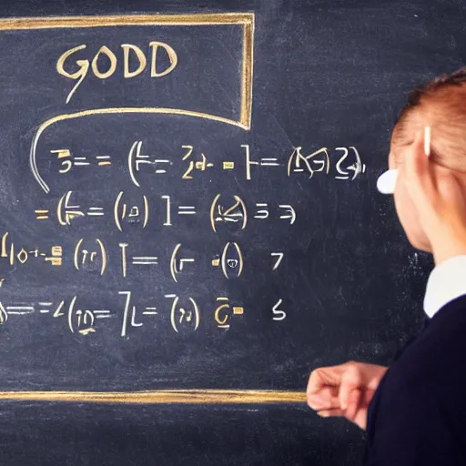 Image similar to god of mathematics in front of a blackboard, solving the formula of the universe