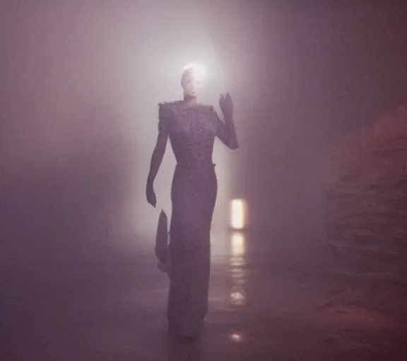 Prompt: a pov shot, color cinema film still kate middleton wearing a white lace dress in blade runner 2 0 4 9, cinematic lighting at night.