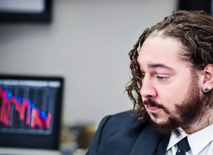 Image similar to dslr photo still of post malone as a stock broker, 8 k, 8 5 mm f 1 6