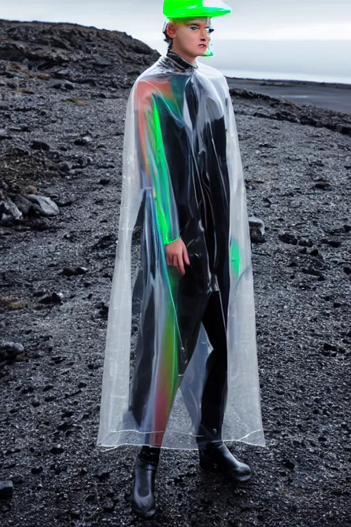 Image similar to an ultra high definition professional high fashion portrait studio full length photograph of a model wearing a transparent pearlescent raincoat and neon visor in an icelandic black rock environment at dawn. no artefacts. extremely detailed. stark. shallow depth of field. volumetric light and shadow. ray tracing. light ray.