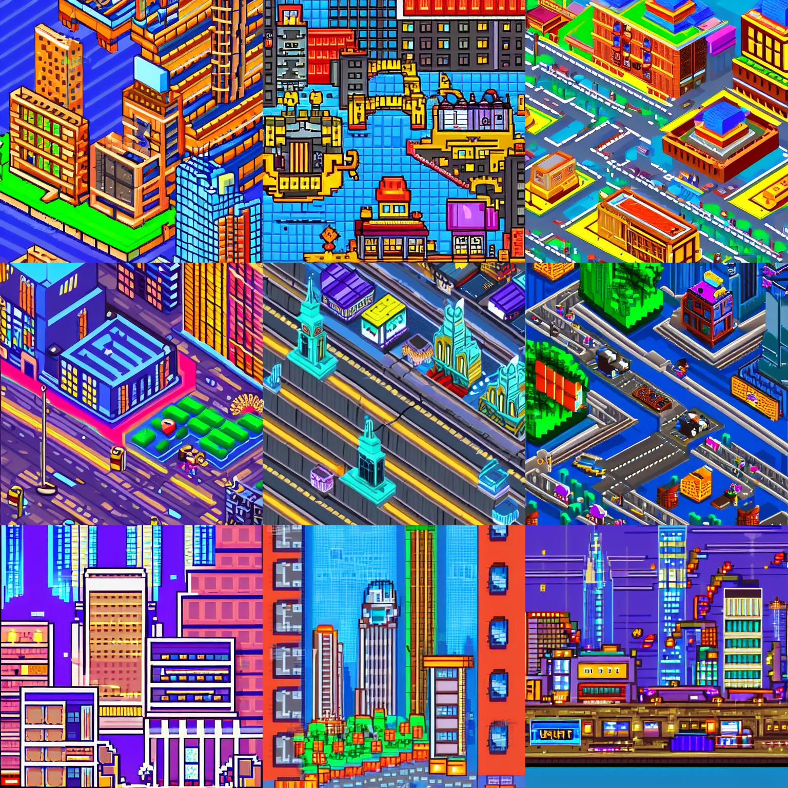 Prompt: city night, arcade, videogame, pixel art, high detail, 1 6 bits, 2 d, sprite