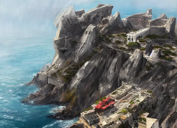 Image similar to villain brutalist big base of james bond, coastal perched on a cliff overlooking a magnificient bay, concept art oil painting by jama jurabaev, extremely detailed, hard brush, stroke brush, artstation