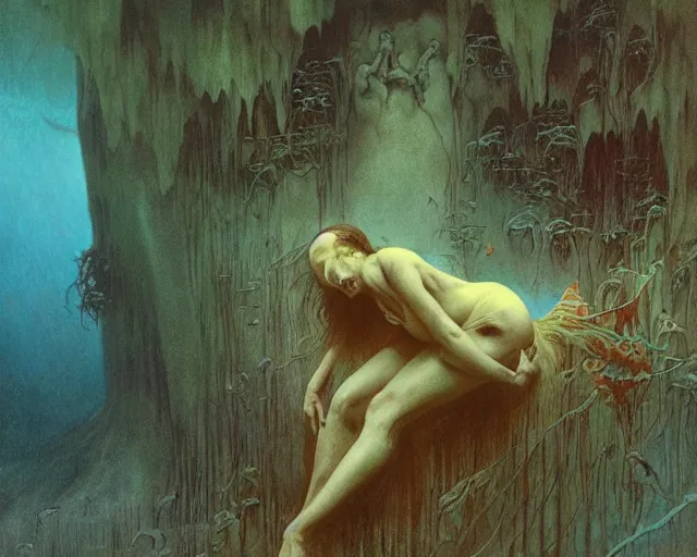 Image similar to the last sight before death by drowning, underwater scene, painted by zdzislaw beksinski and artgerm and greg rutkowski and alphonse mucha and rene laloux