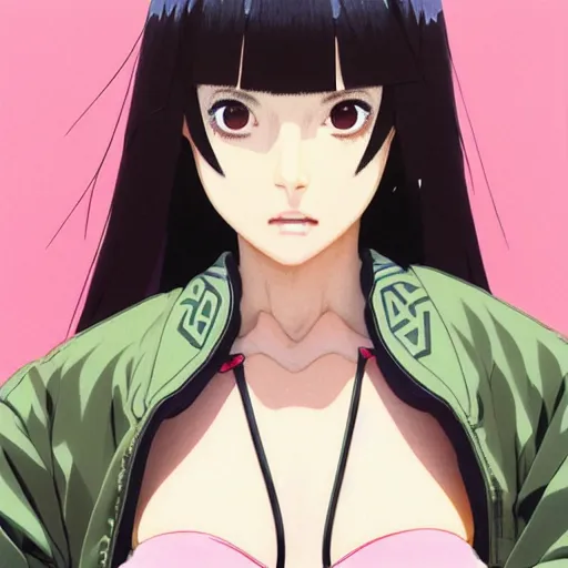 Image similar to a beautiful japanese natalie portman gravure model, wearing oversized native designer bomber jacket and leotard with overalls, bulky poofy bomber jacket with mesoamerican patterns, mesoamerican native street fashion, gapmoe yandere grimdark, trending on pixiv fanbox, painted by greg rutkowski makoto shinkai takashi takeuchi studio ghibli, akihiko yoshida