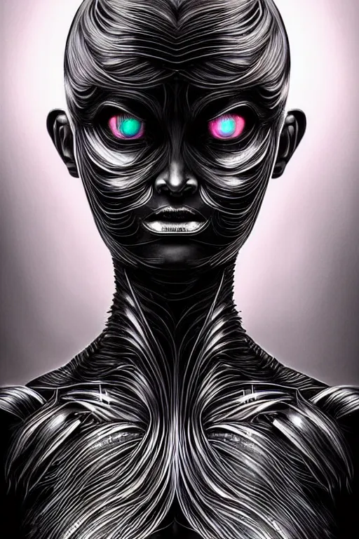 Prompt: Supermodel woman turning into an Android portrait, dark surrealism , scifi, intricate design, elegant, sharp black eyebrows, ornate long flowing platinum neon blonde hair and small black streaks, highly detailed cybernetic body, glowing eyes, digital painting, artstation, concept art, smooth, sharp focus, illustration, art by Artgerm and moebius and Peter Mohrbacher