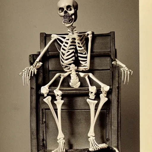 Image similar to an old skeletal figure sitting upon a throne