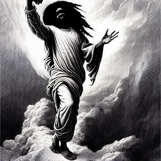 Image similar to cheef keef ascending into heaven holding stacks of cash, biblical image, style of gustave dore, highly detailed, beautiful, high contrast, black and white