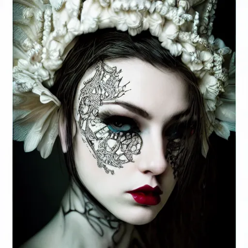 Image similar to a portrait of female model by stefan geselle, photorealistic, intricate details, hyper realistic, dark fantasy, ornate headpiece, dark beauty, photorealistic, canon r 3, photography, wide shot, photography, dark beauty