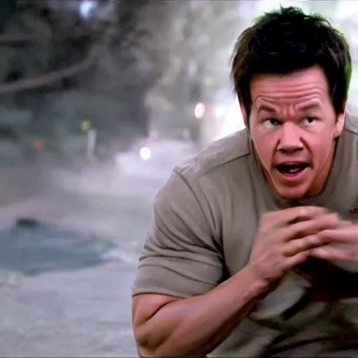 Image similar to scene from a movie that looks like a drama but it's a laugh hard comedy, mark wahlberg being a chaotic mess, shot by darren aronofsky, 4 k