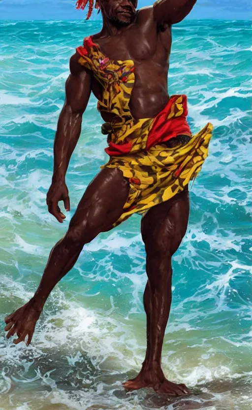 Image similar to Jamaican fisherman wearing calico cloth and posing in a battle stance in the Jamaican sea, style by Ross Tran and Artgerm and Peter Mohrbacher