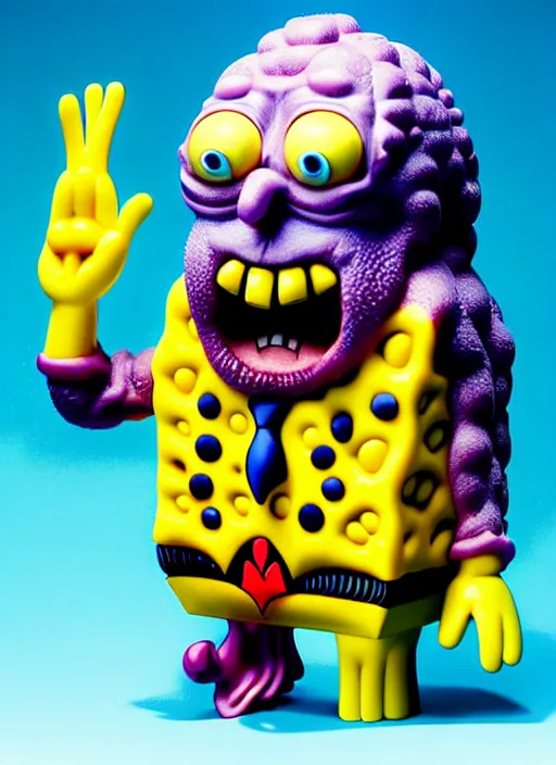 Image similar to hyperrealistic rendering, fat smooth john carpenter flesh monster spongebob by art of skinner and richard corben and jeff easley, product photography, action figure, sofubi, studio lighting, colored gels, colored background