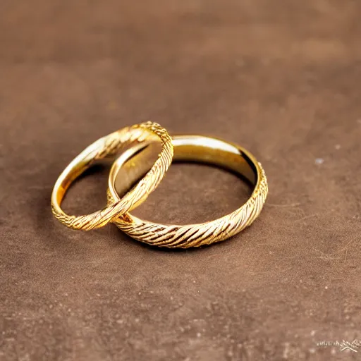 Image similar to gold wedding rings, thin, twist in the middle water texture on the ring, white background