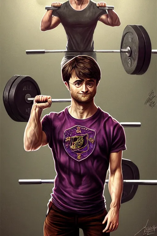 Image similar to highly detailed rendering of Daniel Radcliffe as Harry Potter doing barbell back squats, dingy workout gym, wearing a muscle tee shirt, muscular deep squats, symmetrical, highly detailed, digital painting, artstation, concept art, smooth, sharp focus, illustration, cinematic lighting, art by artgerm and greg rutkowski and alphonse mucha