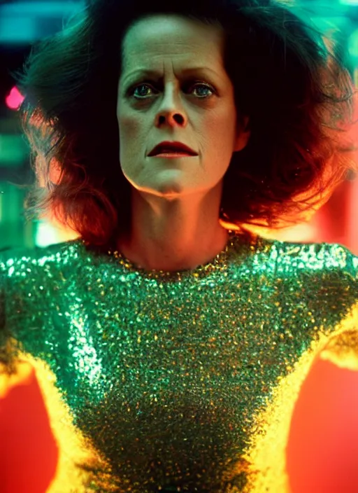 Prompt: A hyper realistic and detailed head portrait photography of Sigourney Weaver in iridescent dress on a futuristic street. by Annie Leibovitz. Neo noir style. Cinematic. neon lights glow in the background. Cinestill 800T film. Lens flare. Helios 44m