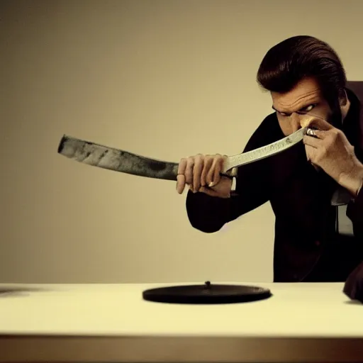 Prompt: film still of man sitting in interrogation room after having murdered his wife with a hatchet, directed by quentin tarantino, art style by karl lagerfeld, wide lense,