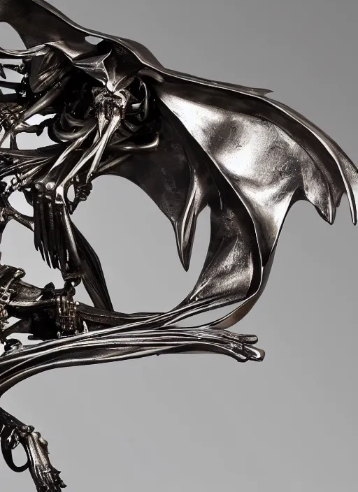 Prompt: a vulture skeleton sculpture made with polished stainless steel, shining and glossy by bernini