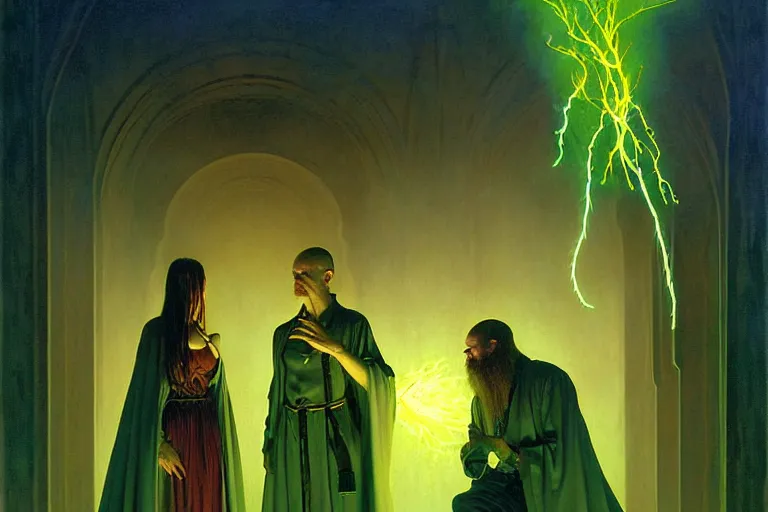 Prompt: the female arcanist and the male artificer by zacharias aagaard and albert bierstadt and gerald brom and zdzisław beksinski and james gilleard and wayne barlowe and marc simonetti, beautiful, robes, highly detailed, hyperrealistic, intricate, energy, electricity, blue flame, low light, green crystal, high contrast