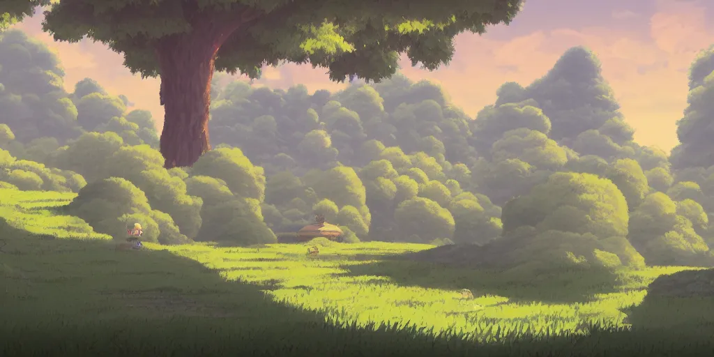 Prompt: landscape, morning, quiet, no people, Ghibli, Anime Background, Miyazaki Hayao, concept art, illustration,smooth, sharp focus, intricate, super wide angle, trending on artstation, trending on deviantart, pixelart