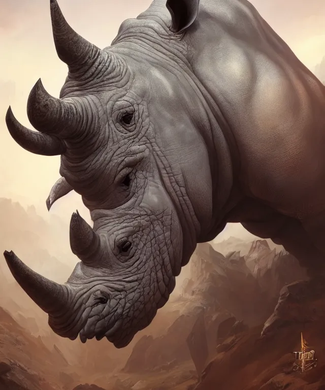 Image similar to A beautiful portrait of an anthropomorphic rhino wearing paladin armor, character design, by Moebius and Artgerm and blizzard studios and Tom Bagshaw, hyper realism, high detail, trending on artstation, unreal engine 5, Lumen, 8k, 38mm photography