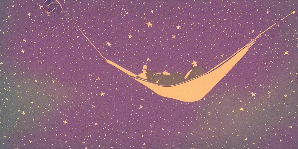 Image similar to a hammock under the stars, 1940s faded risograph print, illustration, limited color palette, earthtones, double-exposure, astrophotography