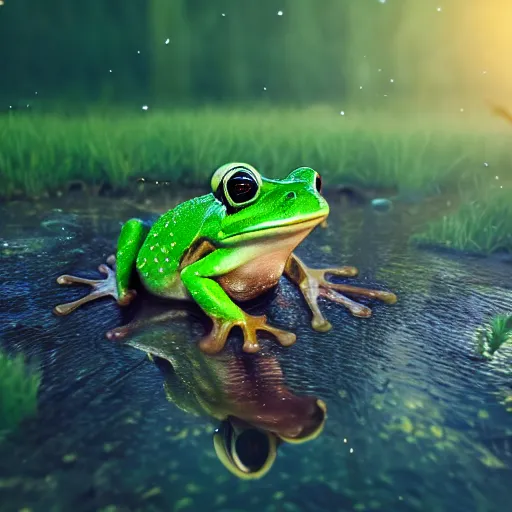 Prompt: green frog swimming in a glowing bright swamp at night, photorealistic render, bloom, bokeh blur, simulated, unreal engine, cgsociety