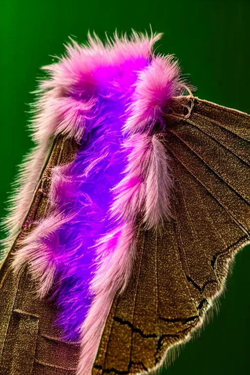 Image similar to high quality macro photo pearlescent furry moth! jeweled gorgeous! highly detailed david ligare elson peter cinematic purple neon lighting high quality low angle hd 8k sharp shallow depth of field