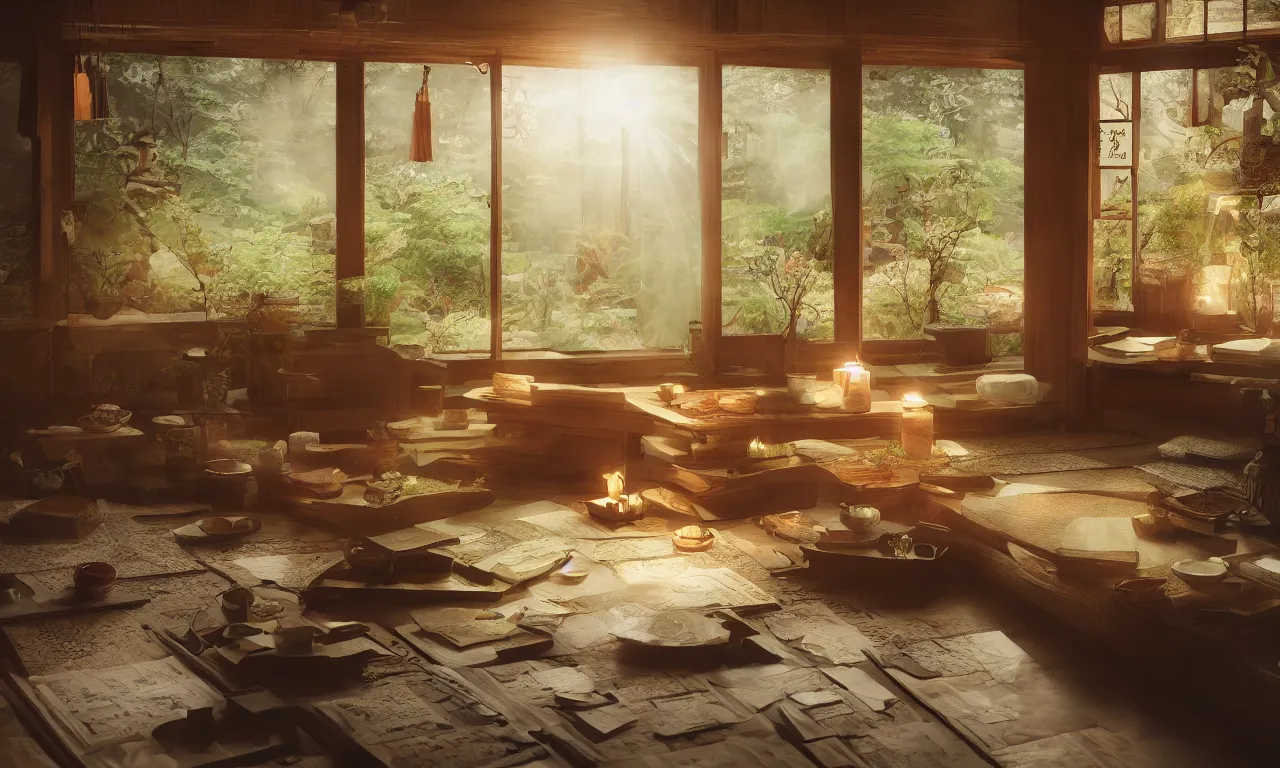 Prompt: interior view of a magical Japanese herbalist cottage, Journal with pens, waxy candles, books, flowers, wood furnishings, light bloom, dust, ambient occlusion, rays of light coming through windows, trending on artstation