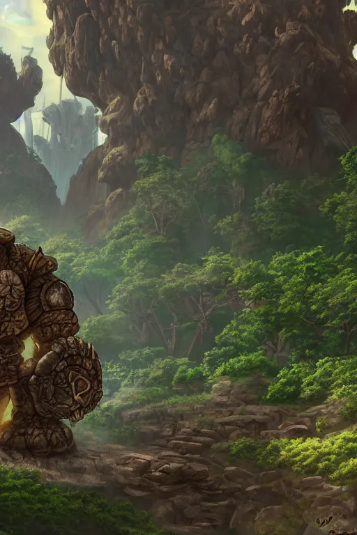 Image similar to zelda fantasy art giant golem troll wood rock greeble gemstone, global illumination ray tracing hdr fanart arstation by sung choi and eric pfeiffer and gabriel garza and casper konefal