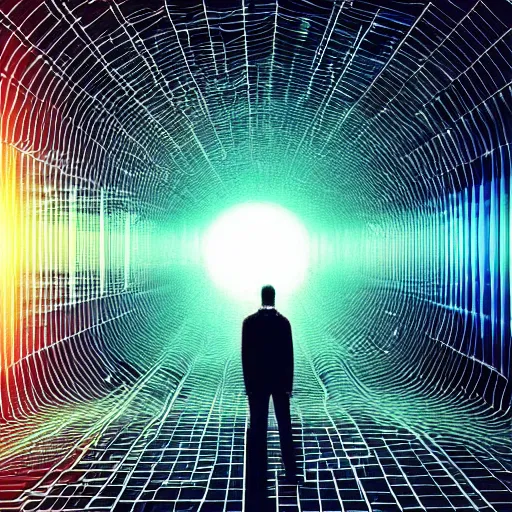 Prompt: “ man walking into a glitch portal, simulated reality, illusion ”