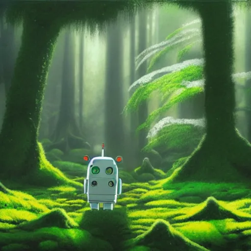 Image similar to a robot covered in moss lying in a forest, shafts of light god rays, painting by hayao miyazaki studio ghibli