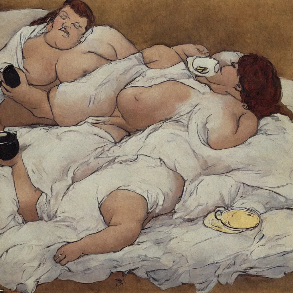 Prompt: a beautiful painting of a beautiful fat woman drinking coffee in a bed with white sheets drinking coffee in the style of telous lautrec