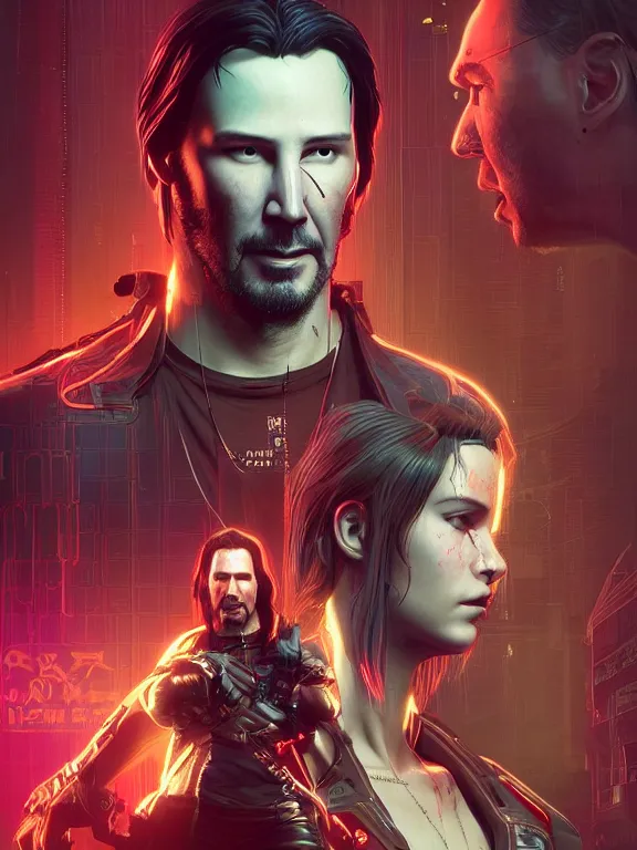 Image similar to a cyberpunk 2077 portrait of Keanu Reeves and V began a love story , electric cable , giant computer,film lighting,by laurie greasley,Lawrence Alma-Tadema,William Morris,Dan Mumford,trending on atrstation,FAN ART,full of color,Digital painting,face enhance,highly detailed,8K, octane,golden ratio,cinematic lighting