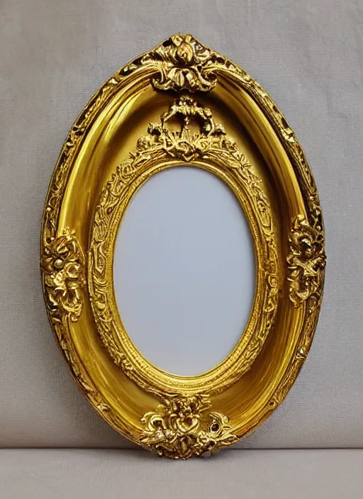 Image similar to beautiful baroque oval portrait picture frame, royal, gilded with gold, magical, fantasy, metallic, product photography