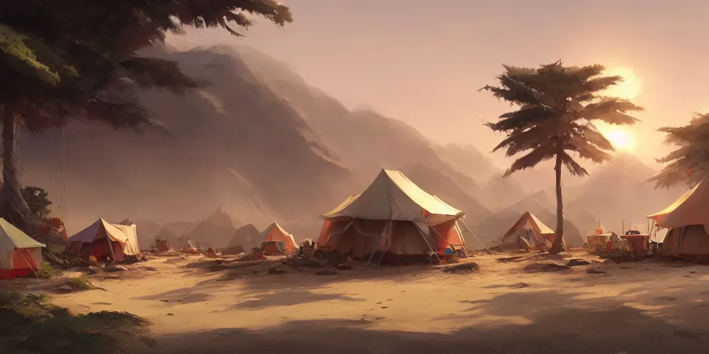 Image similar to Small camp with tents at the pristine beach. In style of Greg Rutkowski, Jesper Ejsing, Makoto Shinkai, trending on ArtStation, fantasy, great composition, concept art, highly detailed, scenery, 8K, Behance.