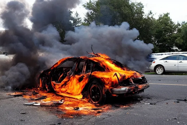 Prompt: a perfectly timed photo of a fiery car crash