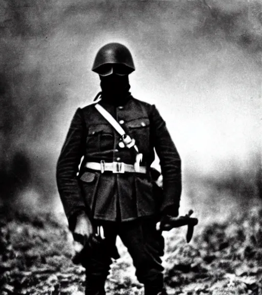 Image similar to a soldier wearing a black mask in distance, ww1 film photo, grainy, high detail, high resolution