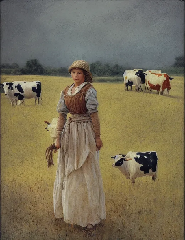 Image similar to peasant girl on a farm with cows, portrait, cottage core, cinematic focus, polaroid photo bleached vintage pastel colors high - key lighting, soft lights, foggy, by steve hanks, by lisa yuskavage, by serov valentin, by tarkovsky, 8 k render, detailed, oil on canvas