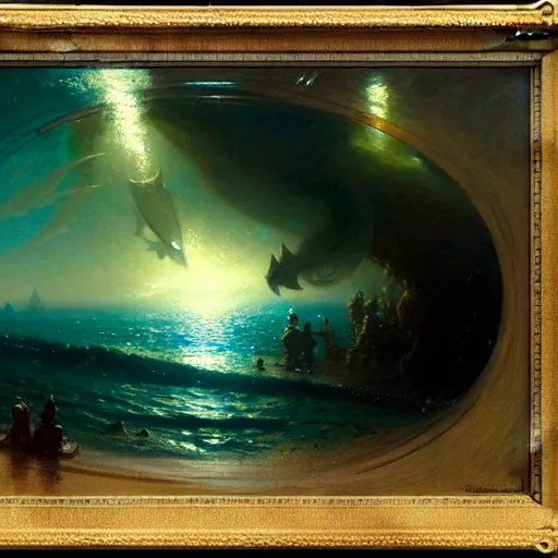 Image similar to point of view of deep in the ocean looking up, you see fishes, the milk way, night time, midnight, no sunlight. highly detailed painting by gaston bussiere, greg rutkowski 8 k