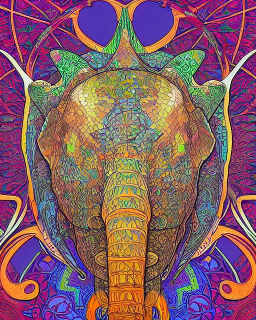 Image similar to Elephant head art surrounded by varities of pineapple, cell shading, voronoi, fibonacci sequence, sacred geometry by Alphonse Mucha, Moebius, hiroshi yoshida, Art Nouveau, colorful, ultradetailed, vivid colour, 3d