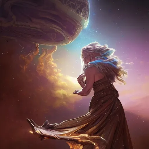 Image similar to epic portrait an starship being eaten by a space goddess, beauty, pretty face, glossy skin, stars, glowing, digital painting, artstation, concept art, soft light, hdri, smooth, sharp focus, illustration, fantasy, intricate, elegant, highly detailed, D&D, matte painting, in the style of Greg Rutkowski and Alphonse Mucha and artemisia, 8k, highly detailed, jurgens, rutkowski, bouguereau, pastoral, rustic, georgic