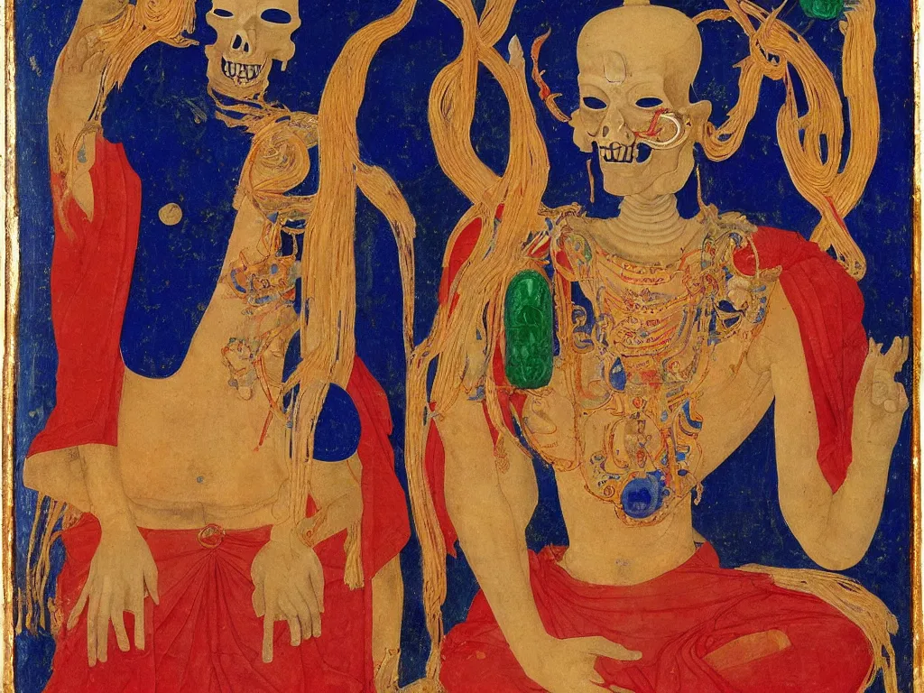 Image similar to Portrait of a Buddhist dancing deity with skull. Lapis Lazuli, malachite, cinnabar, gold. Painting by Piero della Francesca, Balthus, Agnes Pelton