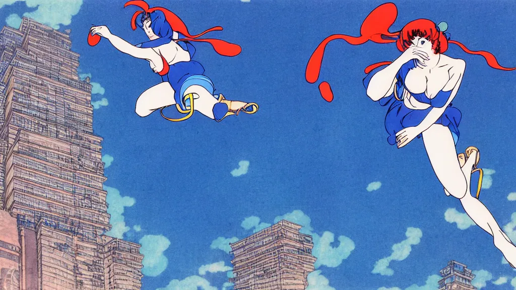 Prompt: manga of a woman in a blue dress jumping down in an aerial kick from the top of a building in Tokyo and turning into a peacock, film still from the an anime directed by Katsuhiro Otomo with art direction by Salvador Dalí, wide lens