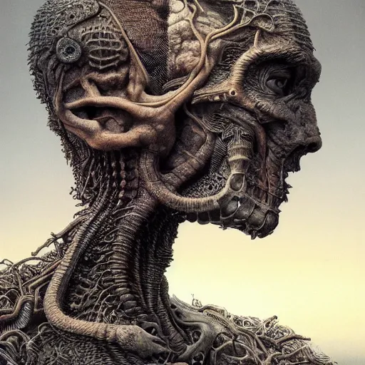 Image similar to ultra realist intricate detailed portrait, insanity accurate features, apocalyptic, very intricate details, 8 k resolution, dim lighting, artstyle zdzisław beksinski and keith thompson, by giger style, award winning