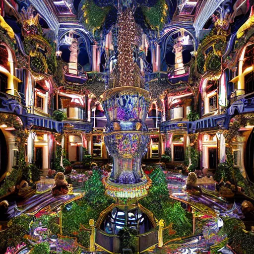 Prompt: the munificent laboratory + 8k, optane render, incredible post-processing lighting, godrays, center frame, intricate details, ultra-detailed, hyperrealistic, ornate, luxurious, colossal, filigree, multi-leveled, surrounded by gardens, pristine, epoxy style, a large single tower in center that is the focus, multicolored, exotic, zaha hadid architecture, incredible lighting, ray traced reflections, lots of windows, trending on artstation. epic composition, wide angle, intense, cinematic, awe-inspiring, by Miyazaki, Nausicaa Ghibli, Breath of The Wild