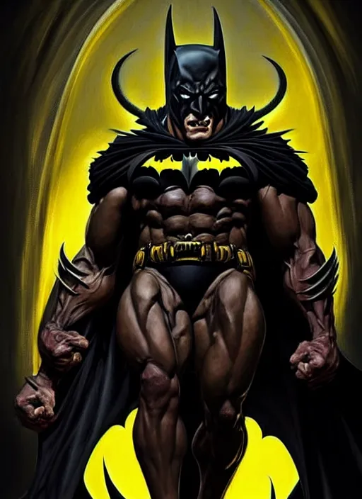 Prompt: portrait of aggressive demonic damned batman, d & d, muscular! athetic slim bodybuilder, yellow and black color scheme, futuristic, sci fi, dynamic pose, fantasy, intricate, elegant, highly detailed, digital painting, artstation, concept art, smooth, sharp focus, illustration, art by artgerm and greg rutkowski and alphonse mucha