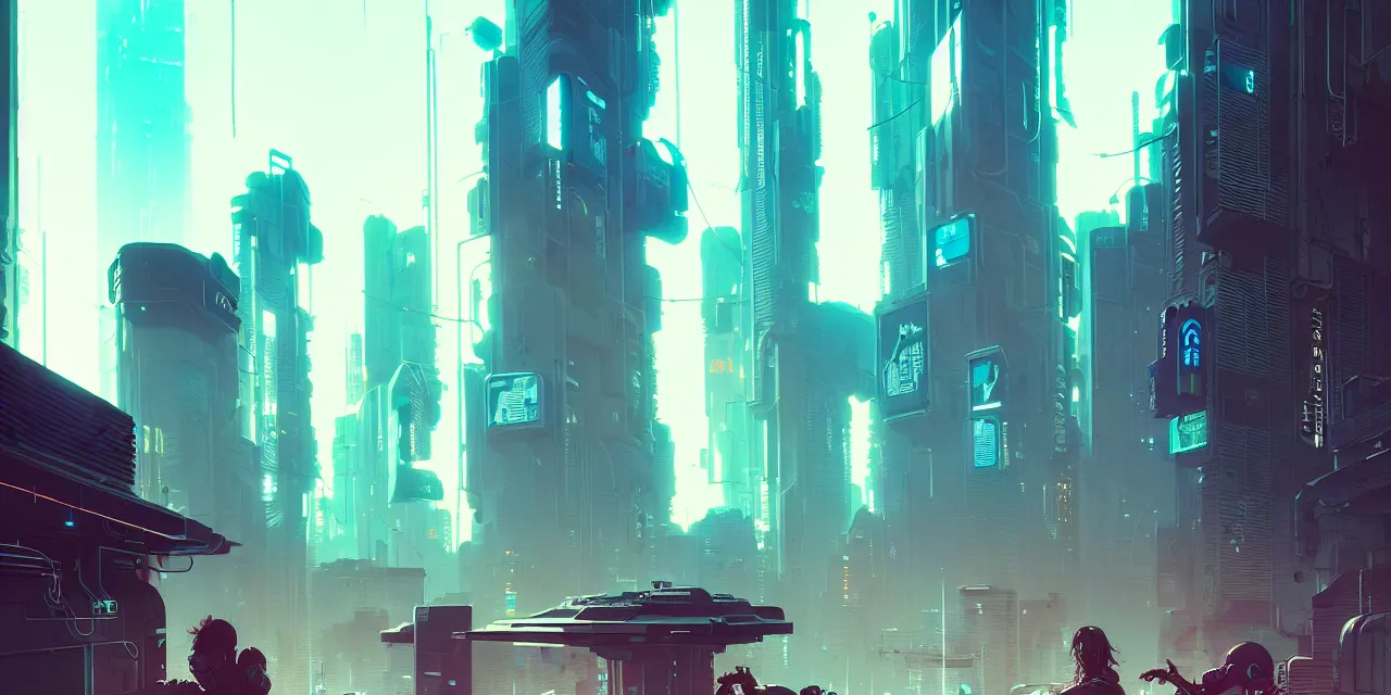 Image similar to cyberpunk synth, hyper - realistic detailed cyberpunk cityscape, by atey ghailan, by greg rutkowski, by greg tocchini, by james gilleard, by joe fenton, by kaethe butcher, dynamic lighting, gradient light blue, brown, blonde cream and white color scheme, grunge aesthetic