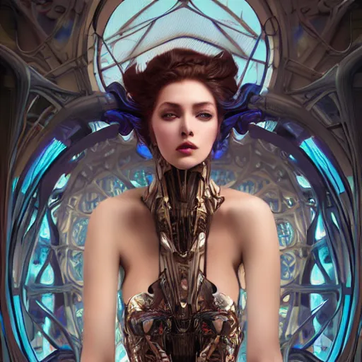 Image similar to front pose, stunning beautiful young girl alluring biomech - cyberpunk model with porcelain skin, rim light, headdress of liquid dark energy, ultra - fine detail, deep space, art nouveau futuristic background, heavily detailed, spherical mesh wire, digital art by artgerm, mucha, loish, wlop, kilian eng, artstation