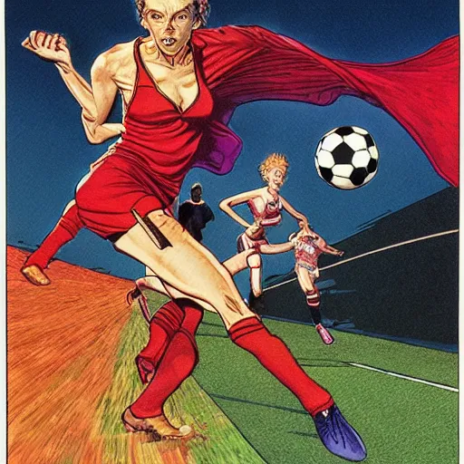 Image similar to a succubus playing soccer, colorful Epic portrait by james gurney and mœbius.