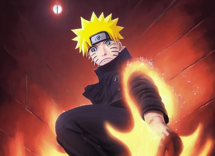 Image similar to highly detailed portrait of naruto uzumaki with black hair, punching a wall in a prison cell, art by greg rutkowski, loish, rhads, ferdinand knab, makoto shinkai and lois van baarle, ilya kuvshinov, rossdraws, tom bagshaw, global illumination, radiant light, detailed and intricate environment