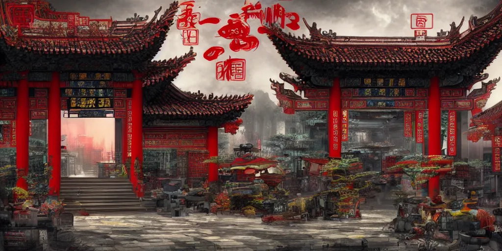 Image similar to a chinese temple of cyberpunk style, detailed, atmospheric, 8 k